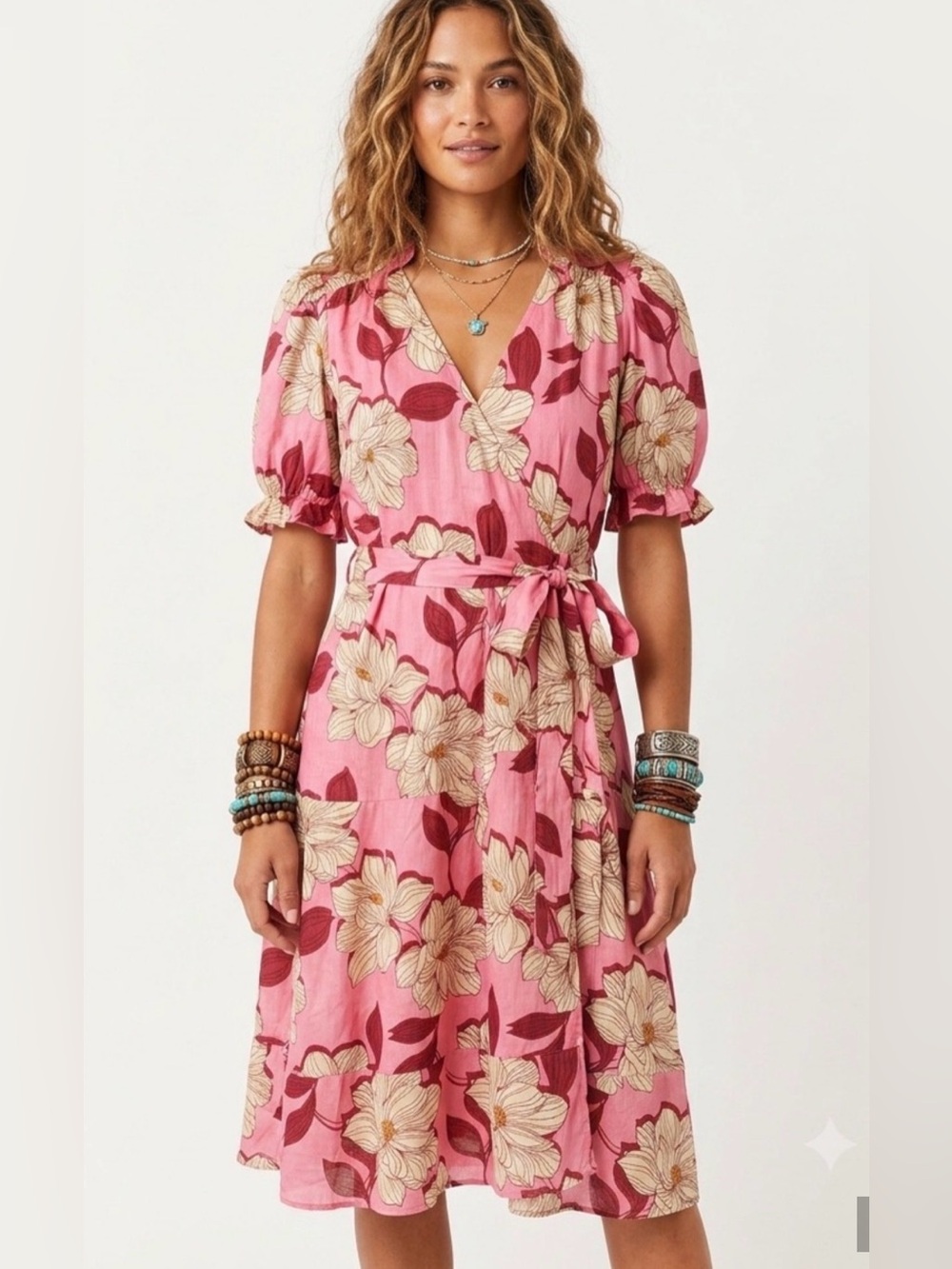 Draper James Floral Pink Wrap Midi Dress with Puff Sleeves